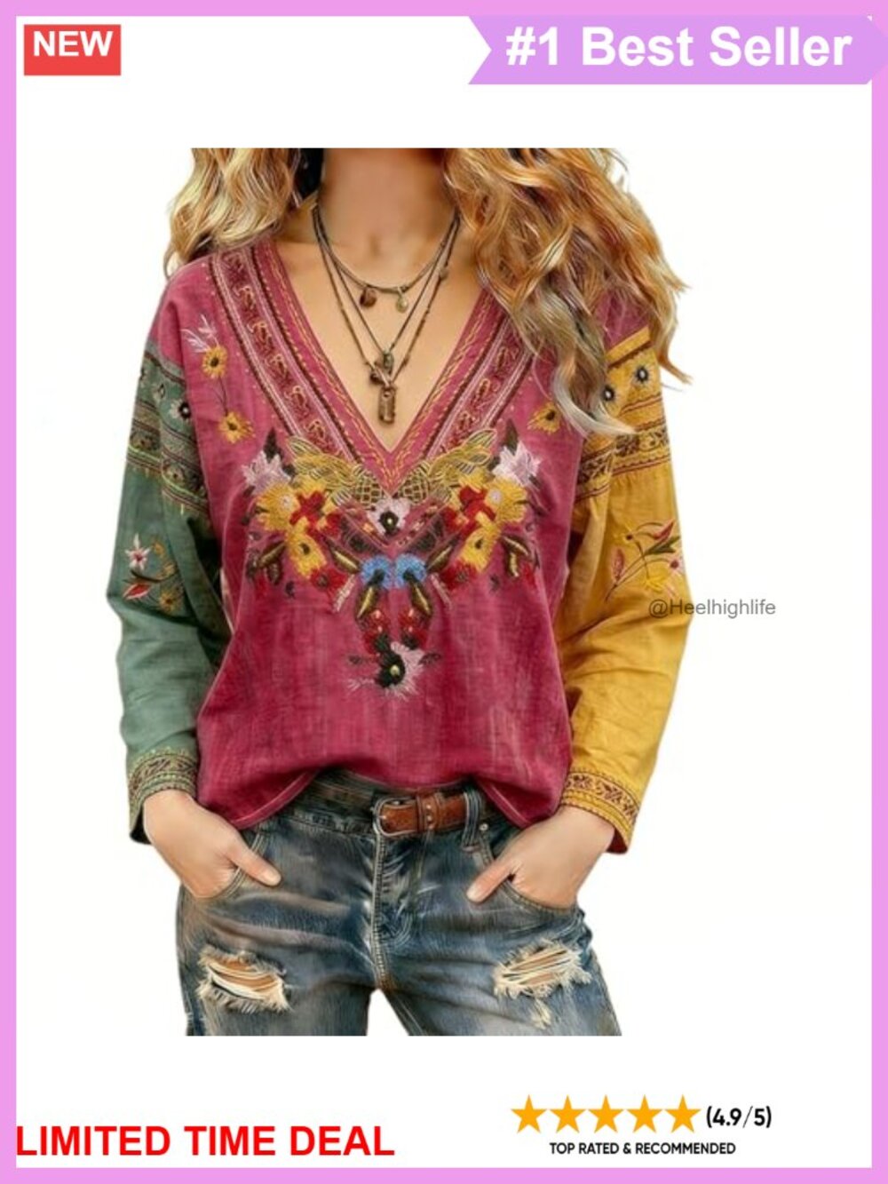 V Neck Long Sleeve Vintage Floral Embroidered Cotton Blouse